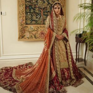 Pakistani wedding long trial lehenga with kameez