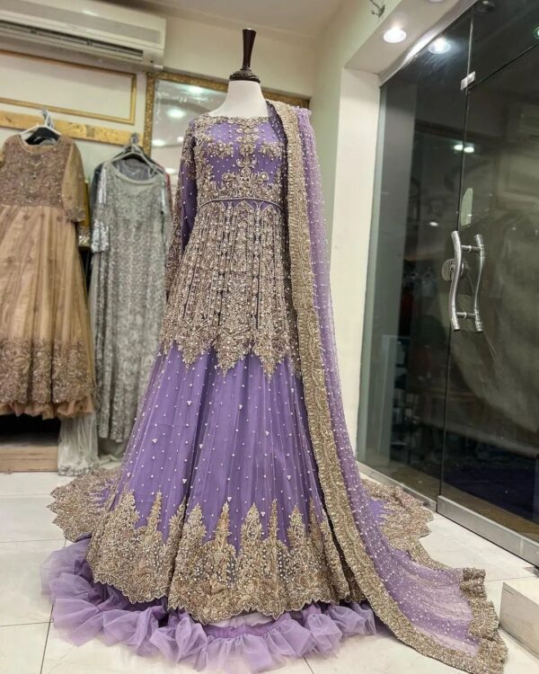 Purple long trail gown with lehenga and handwork