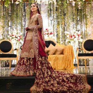designer wedding long trail lehenga with kameez