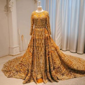 Golden embroidered long trail anarkali with lehenga