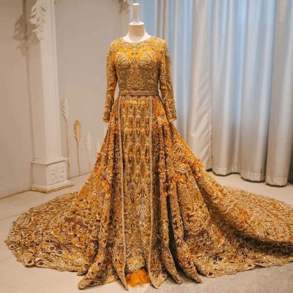 Golden embroidered long trail anarkali with lehenga