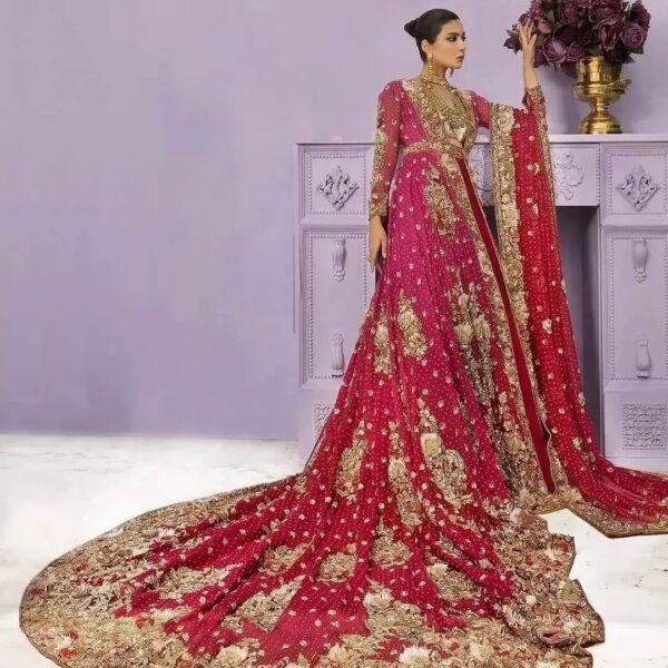 designer wedding long trail anarkali with lehenga