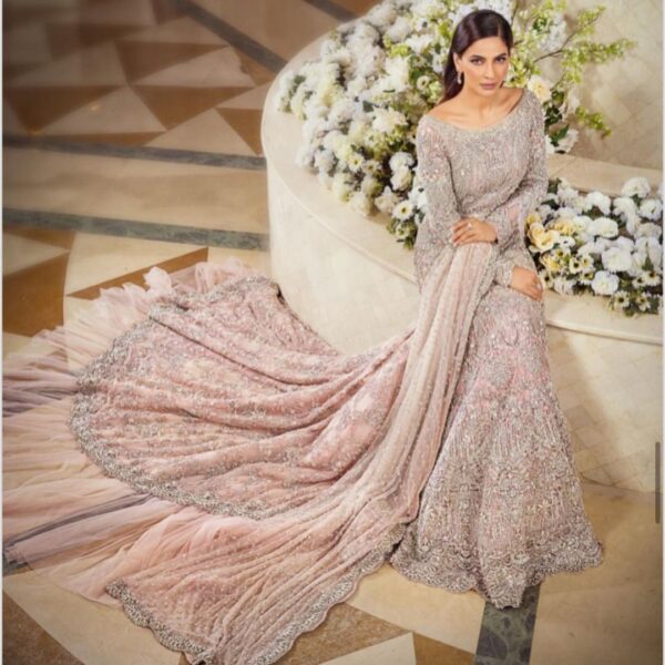 Embroidered long trail gown