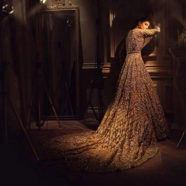 Designer wedding long trail gown with embroidery