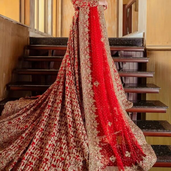 Designer wedding long trail gown with embroidery