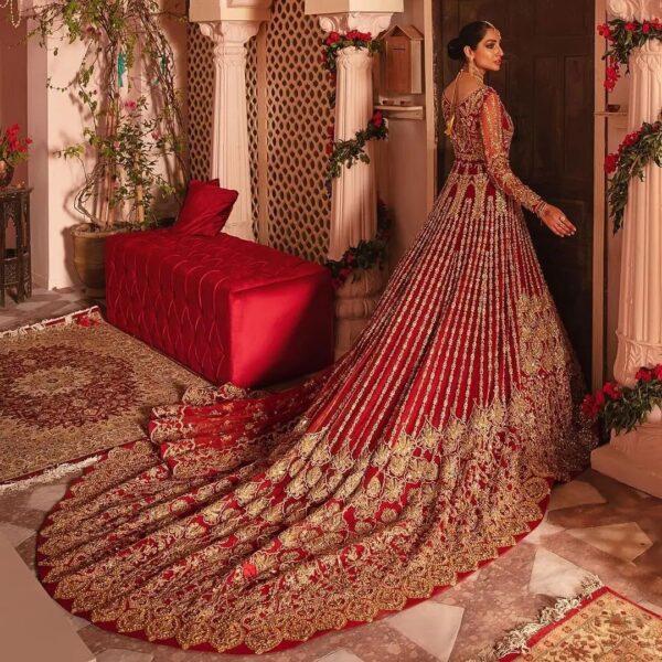 wedding long trail anarkali with lehenga and handwork