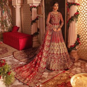 Red bridal long Trail anarkali withlehenga