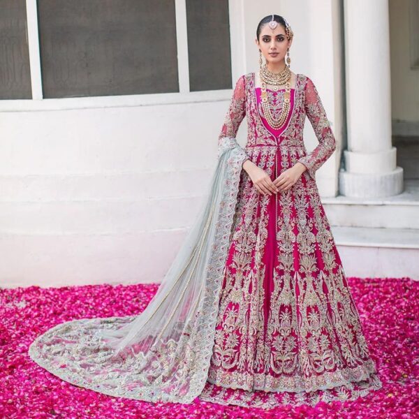 Pink designer anarkali with lehenga