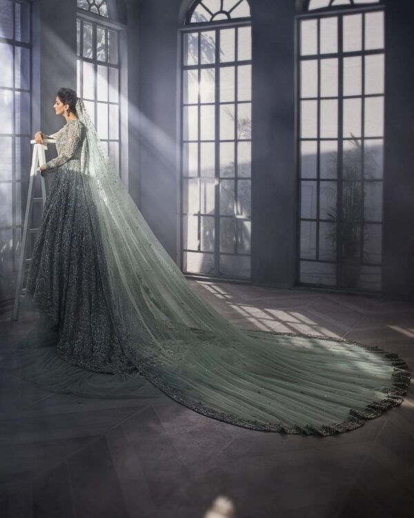 wedding long trail gown with embroidery