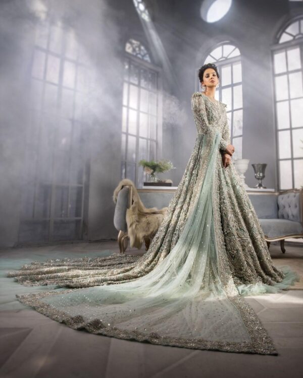 designer wedding long trail gown with embroidery