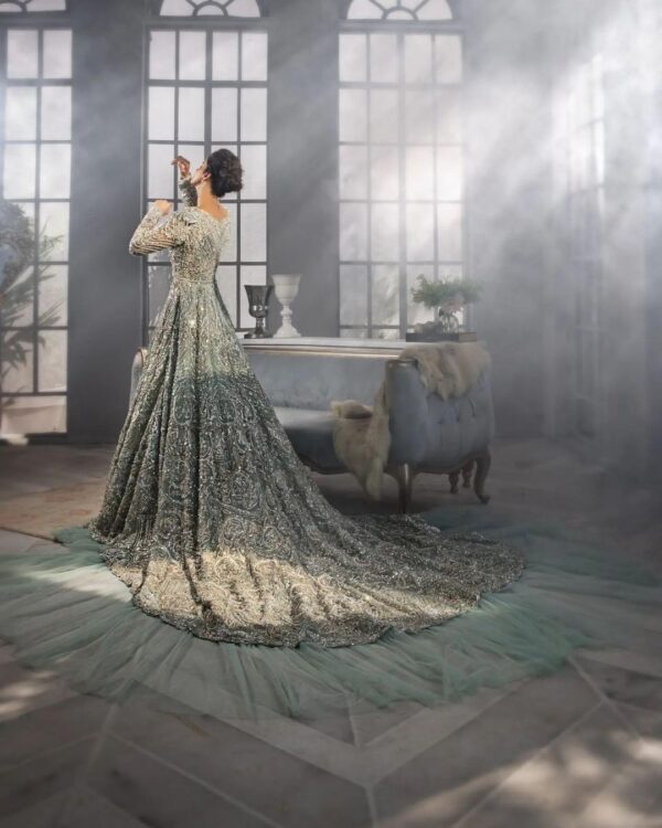 Designer wedding long trail gown with embroidery