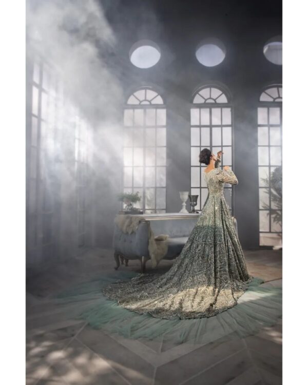 Designer wedding long trail gown with embroidery