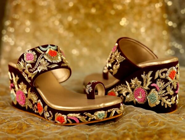 designer black wedge with embroidery