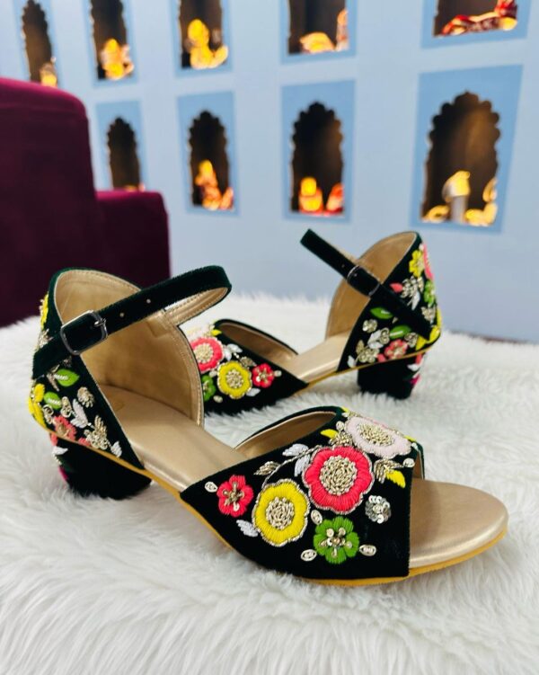 Designer black heels with embroidery