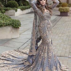 Designer mermaid long trail gown with embroidery