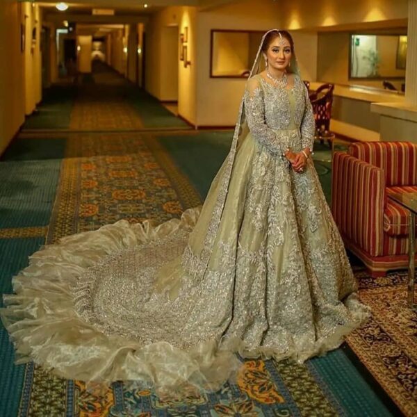 wedding long trail gown with embroidery