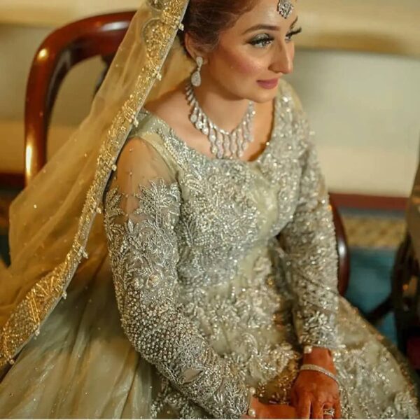 designer wedding long trail gown with embroidery