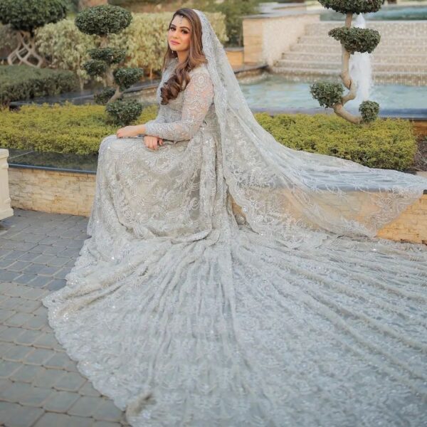wedding long trail gown with embroidery