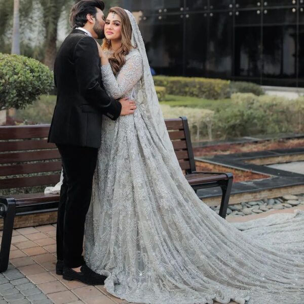 designer wedding long trail gown with embroidery