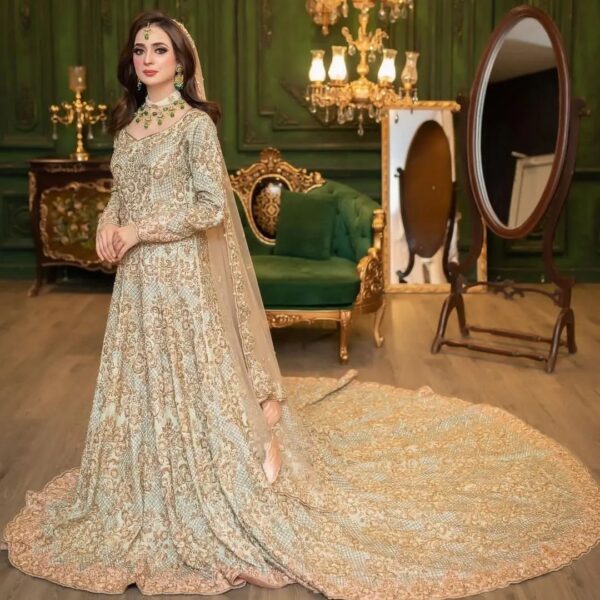 wedding long trail gown with embroidery