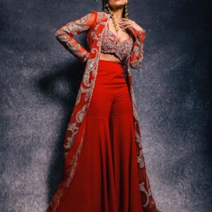 Red Designer sharara with crop top with long embroidered jacket