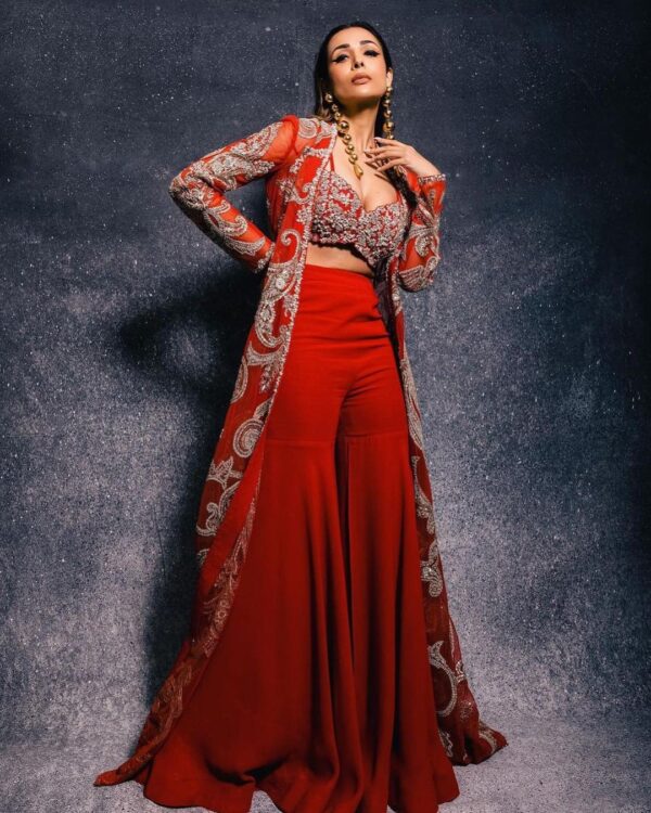 Red Designer sharara with crop top with long embroidered jacket