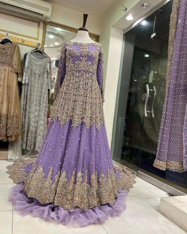 designer wedding long trail gown with embroidery