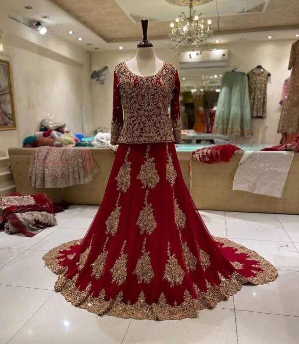 Red long trail lehenga with blouse and embroidery