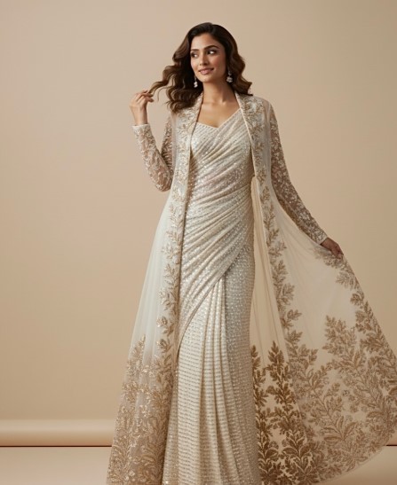 Handwork sequin ivory saree
designer zacket jacket
