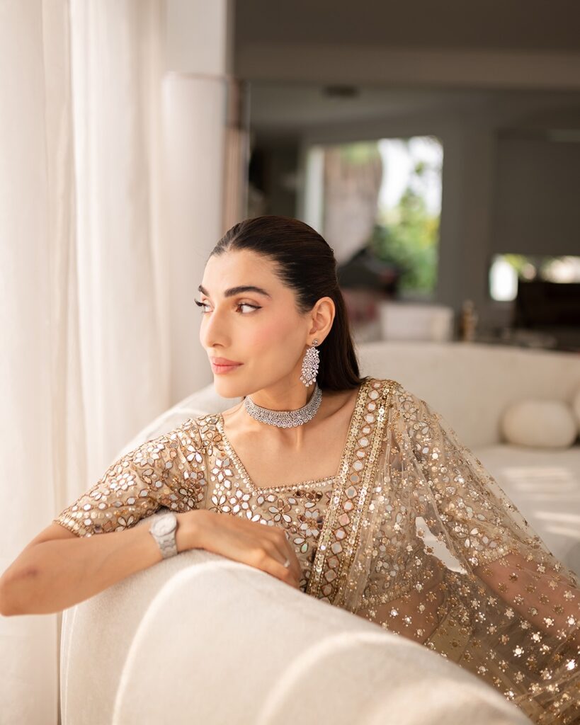 modern gold drape saree
traditional mirror work saree