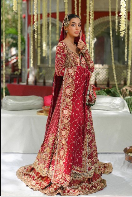 kshkin bridal outfits
gold zardozi red lehenga