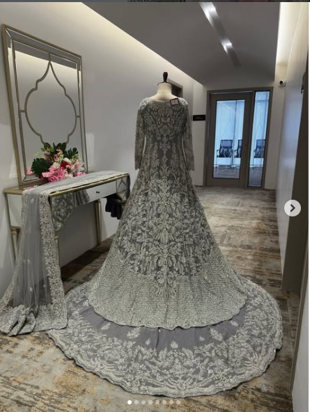 Pakistani bridal back trail gown
silver gray bridal dress