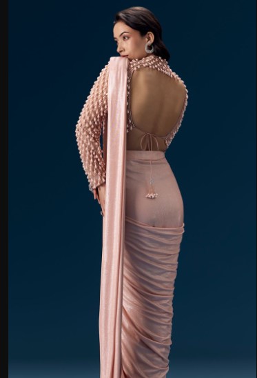 Blush Pink Designer Saree with Pearl Embroidered Blouse 2026 Best Sari 2 pearl blouse saree
modern saree look