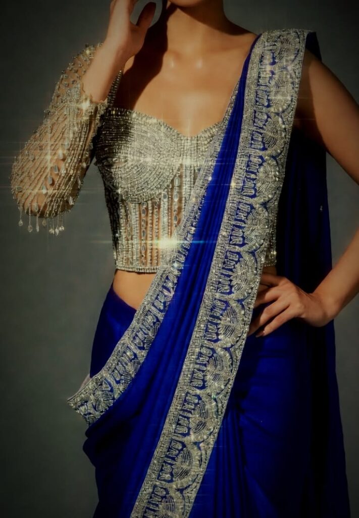 silver handwork crystal and white moti work

royal blue saree with silver handwork