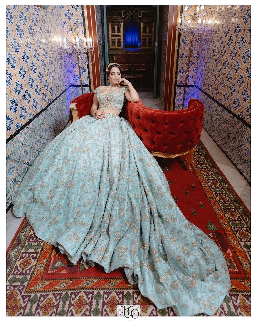 Designer Wedding and Reception Embroidered long trail lehenga with crop top Bespoke - DN-1262