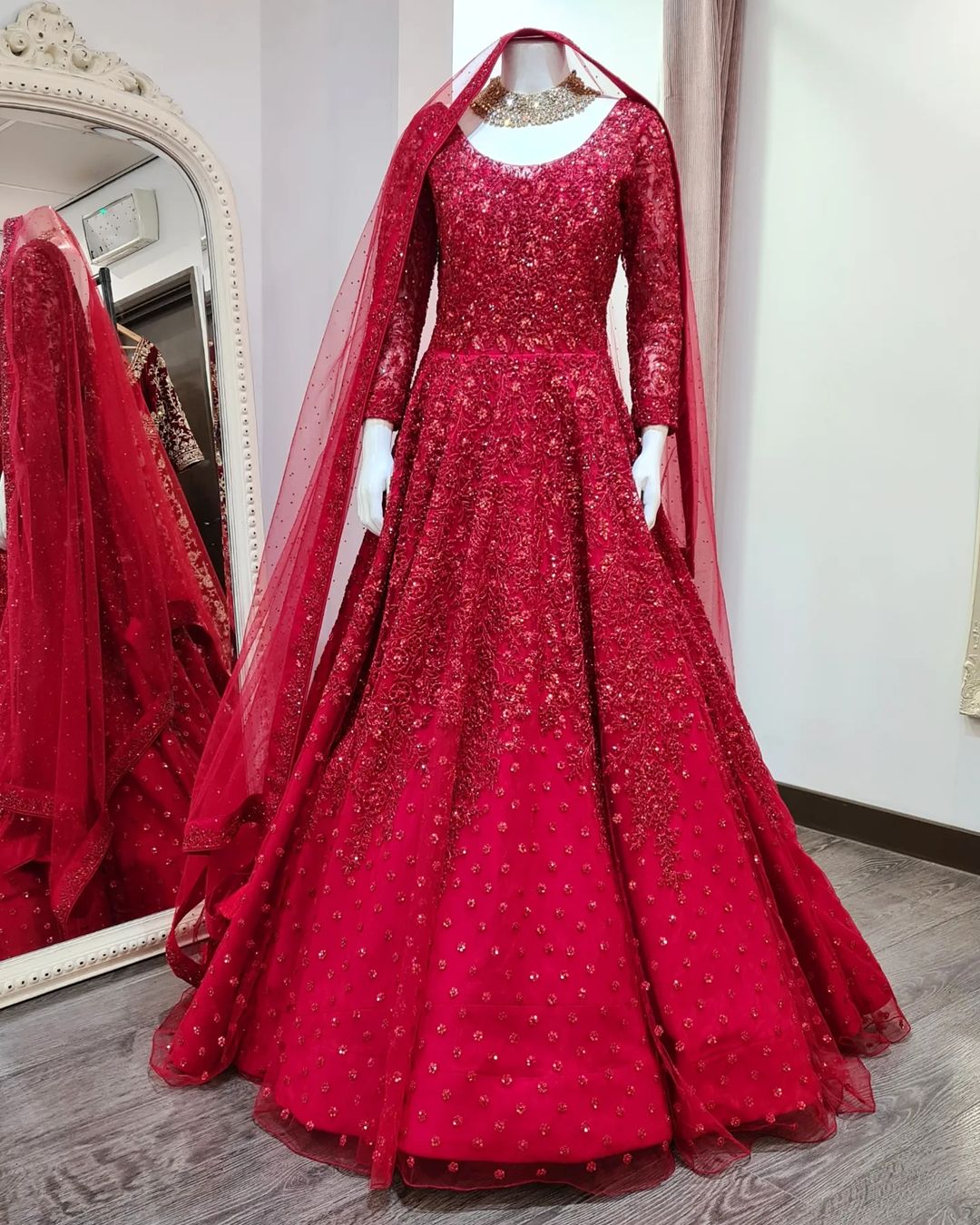 Red Designer Wedding and Reception Gown with Embroidery and Pearls work Bespoke - DN-1143