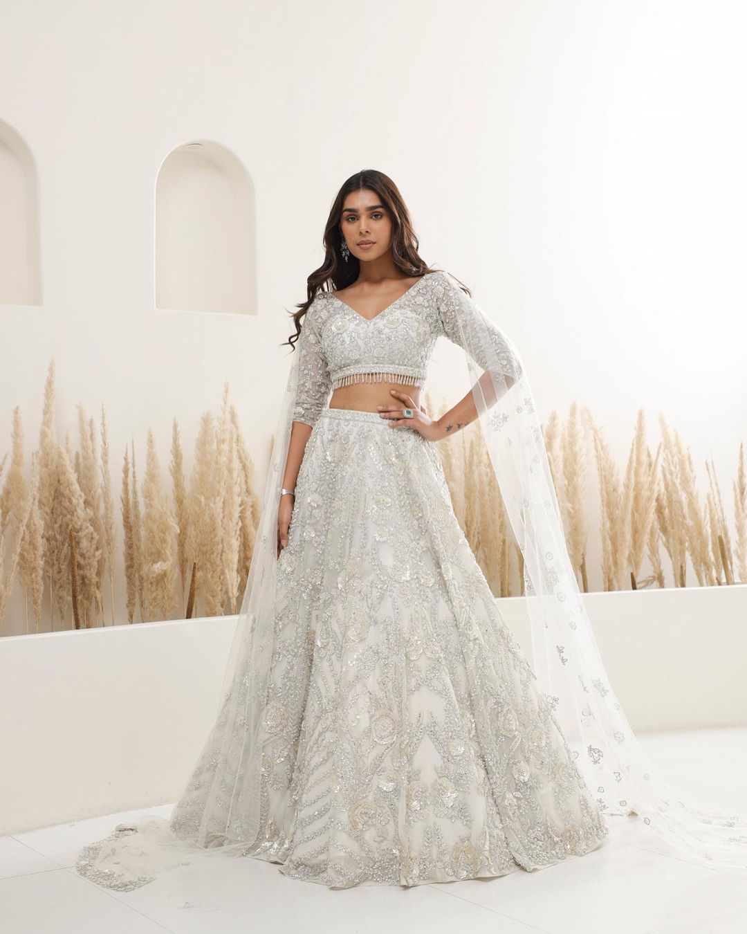 White Classy Designer Wedding Lehenga Choli with long sleeves and Embroidery Bespoke - DN-1190