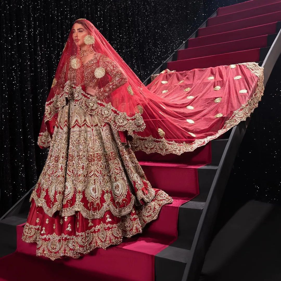 Red Traditional Pakistani Bridal Embroidered Long Anarkali with lehenga and long veil Bespoke - DN-1188