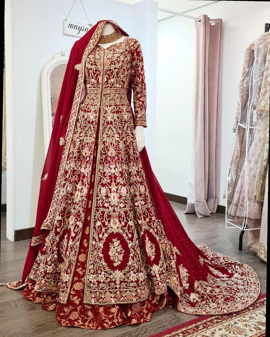 Red Classy Designer Pakistani Bridal long Trail split Anarkali with lehenga and Embroidery Bespoke - DN-1141