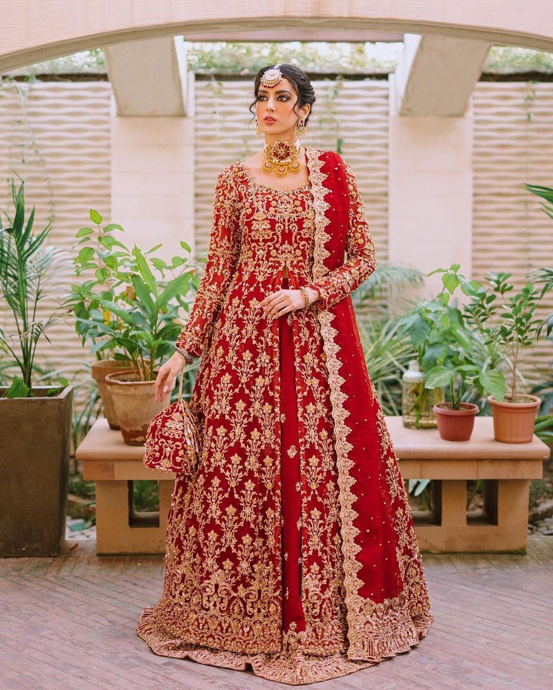 Red Designer Bridal Long Split Anarkali with lehenga and Embroidery - DN-1442