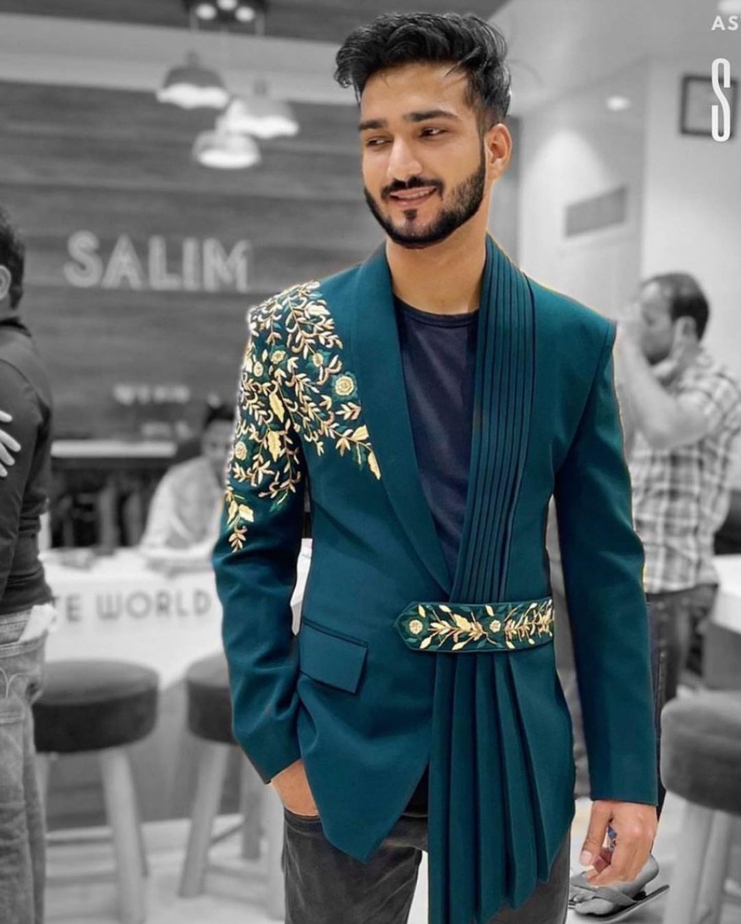 Green Designer Partywear and Wedding Indo Western Tuxedo Suit with Embroidery Bespoke - DN-1270