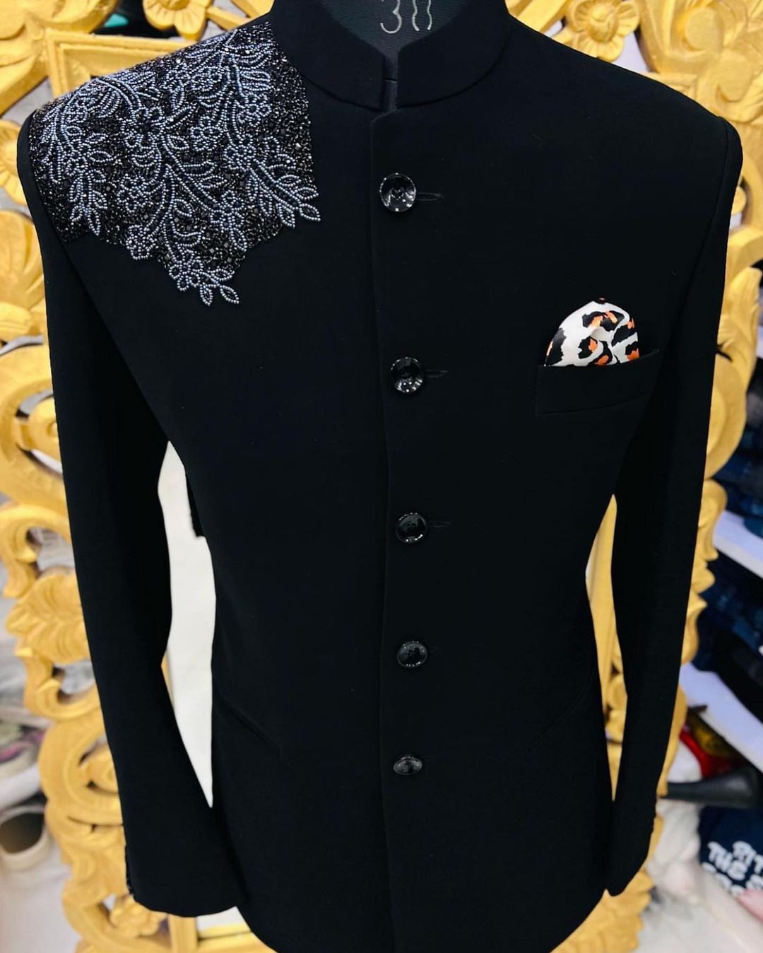 Black Designer Velvet Partywear Tuxedo Suit with sequence work Bespoke - DN-1266