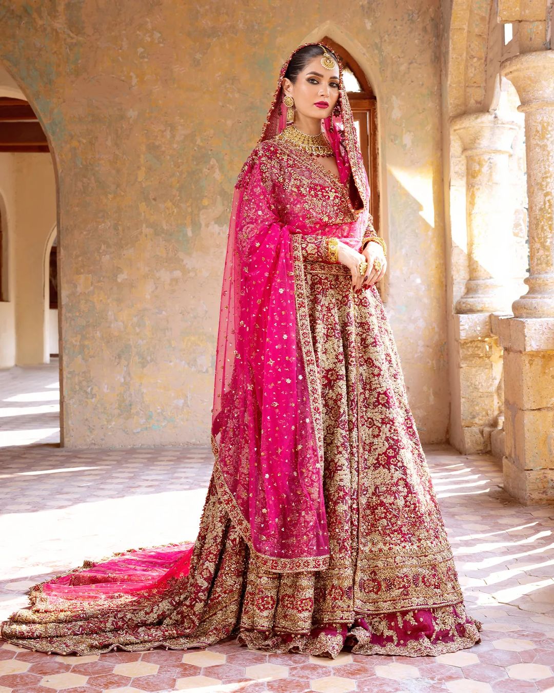 Pink Traditional Designer Wedding Long Trail Anarkali with lehenga and Embellishment - DN-1440