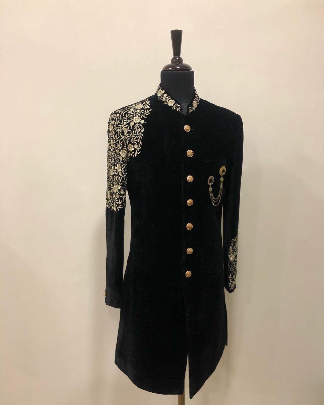 Black Designer Reception Sherwani with Embroidery - DN-1257