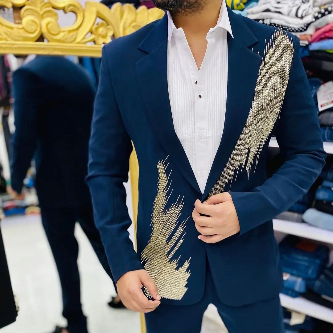 Blue Designer Cocktail Party Tuxedo Suit with Sequence work Bespoke made to order - DN-1255