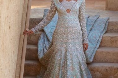 Ice Blue Reception Wedding Attire Pakistani Lehenga With Long Kurti /Luxury Walima Dress for Women