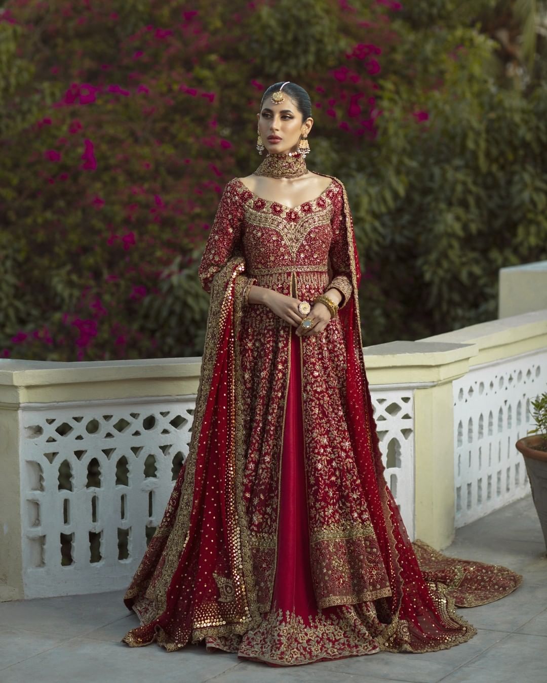 Red Designer Pakistani Wedding and Reception long Split Jacket with lehenga and Embroidery Bespoke - DN-1170