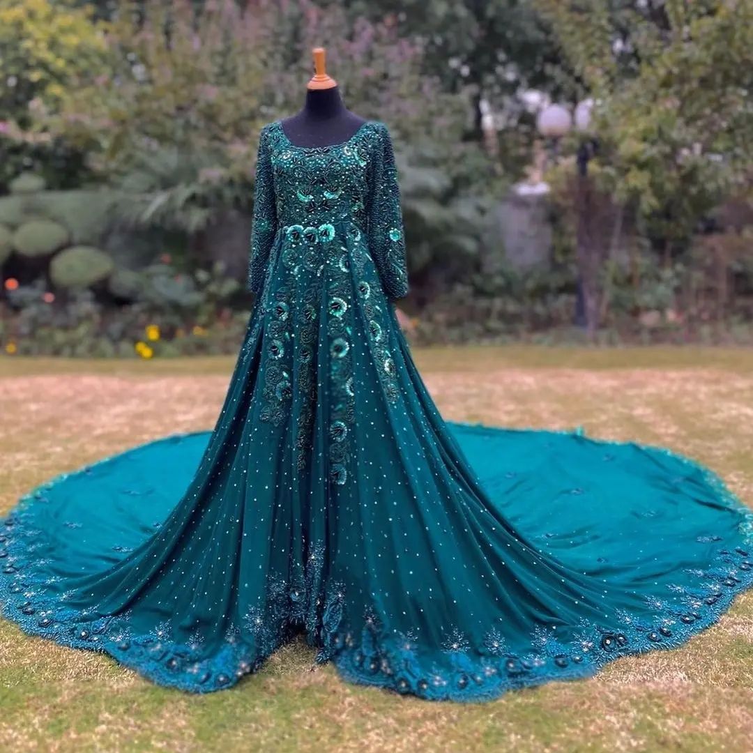 Reception Bridal Blue Long Trail Gown with Embroidery - DN-2007