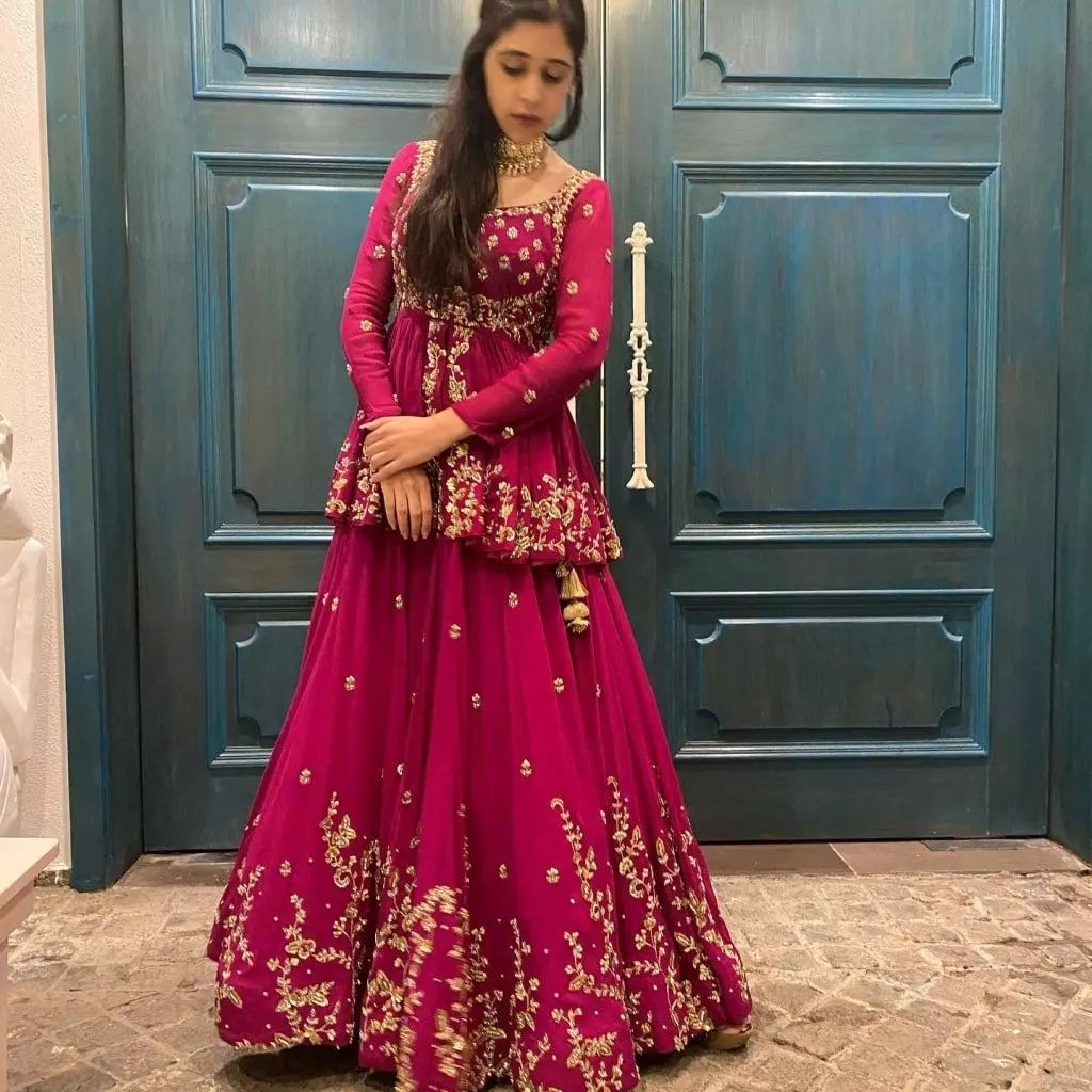 Rani Pink Wedding Lehenga with Peplum Top and Golden Embroidery - DN-2004