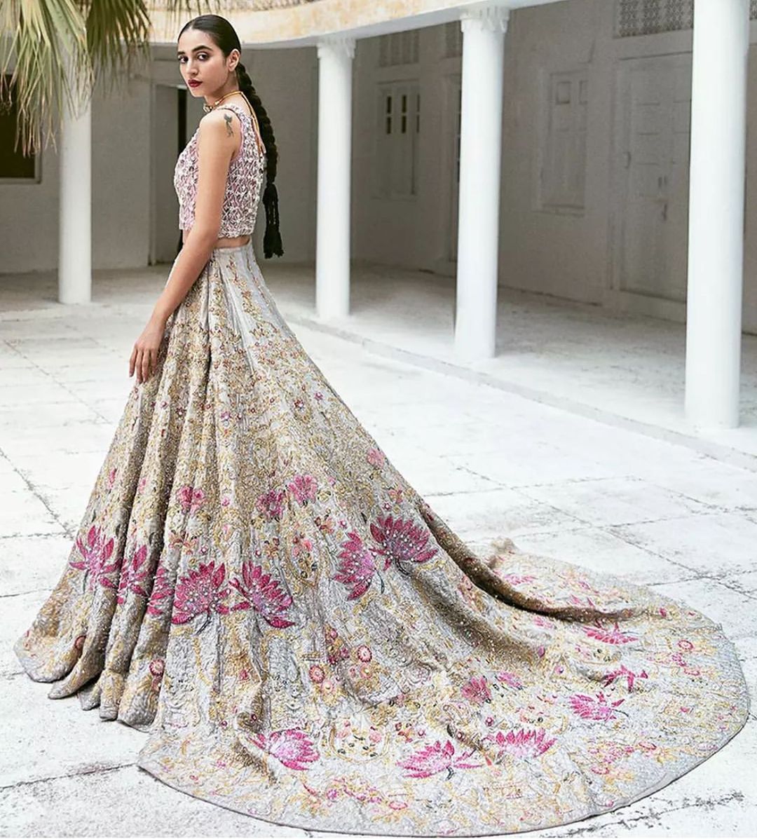 Designer Long-Trail Floral Embroidered Bridal Lehenga With Crop Top- DN-1991
